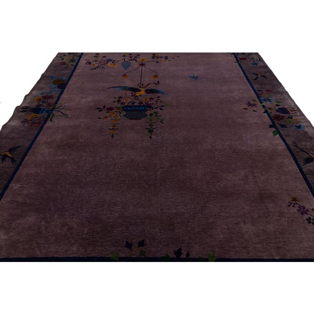 Antique Chinese Art Deco Rug Plum Purple Wool Floral & Bird Motif 9x12 For Sale - Image 4 of 11