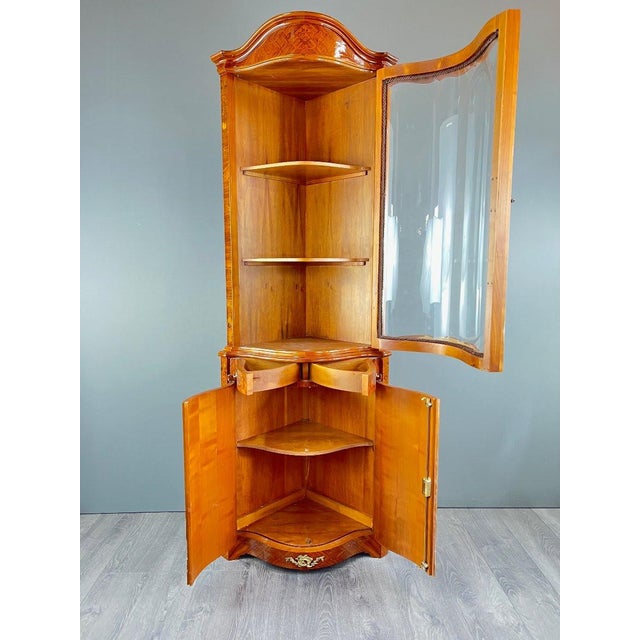 20th Century Corner Marquetry Display Cabinet, 1890s For Sale - Image 9 of 12