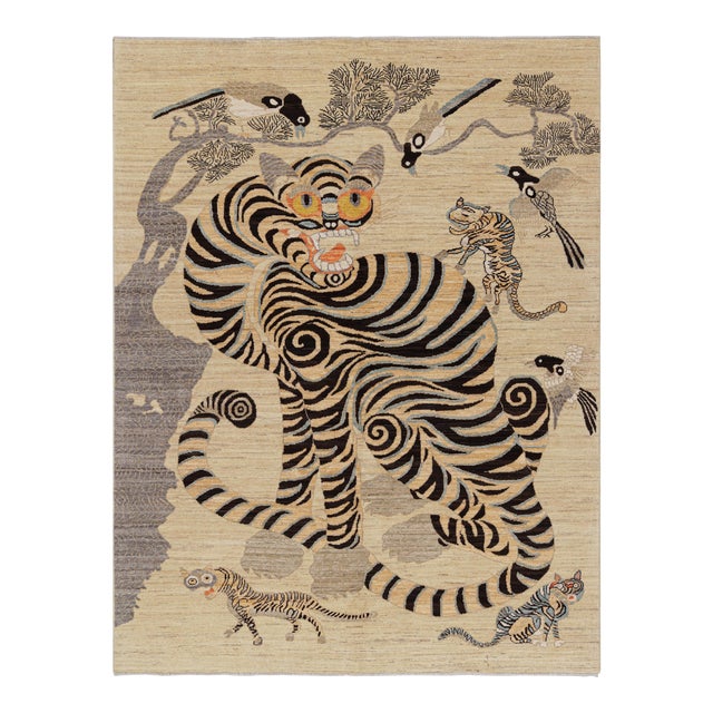 Rug & Kilim’s Contemporary Tiger Rug With Beige, Gold and Brown Pictorials For Sale