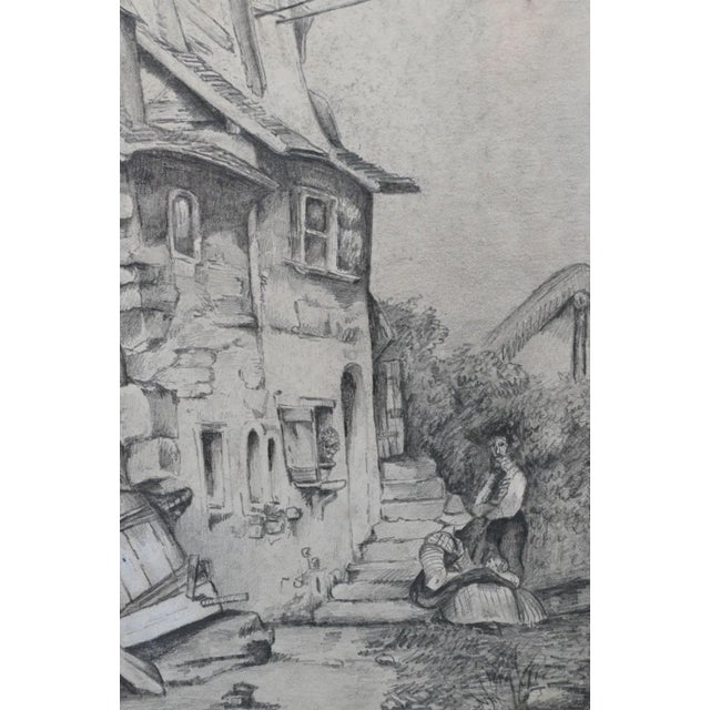 Attributed to Jacques Moulinier (1753–1828) Charcoal Drawing — Figures Before a Half-Timbered House For Sale - Image 4 of 14