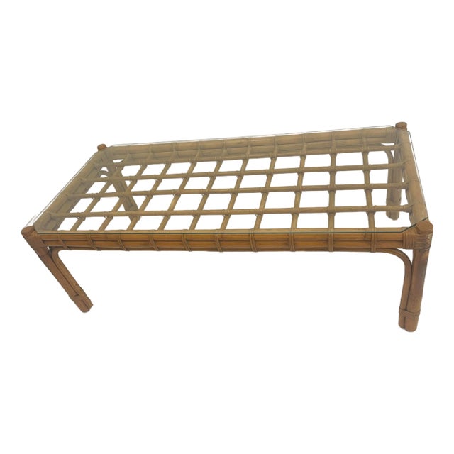 1950 Mid Century Modern Bamboo W Glass Coffee Table For Sale