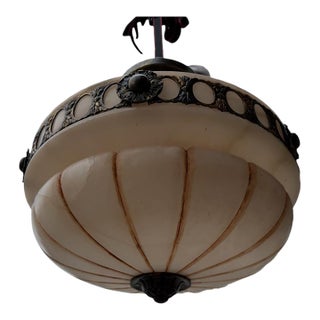 Late 20th Century Art Deco Mariner s.a. Spanish Cast Brass & Molded Alabaster Glass Inverted Bowl Chandelier For Sale