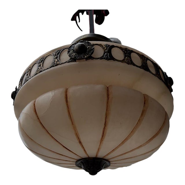 Late 20th Century Art Deco Mariner s.a. Spanish Cast Brass & Molded Alabaster Glass Inverted Bowl Chandelier For Sale