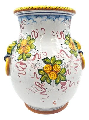 Hand Painted Italian Majolica Urn With Cherub, Lion Head Handles, and Floral Motif