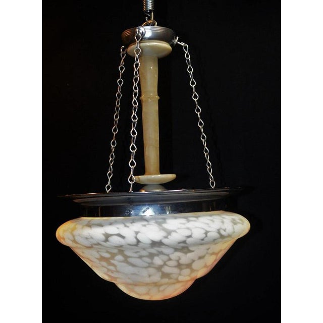 Art Deco French Opaline Glass, Chrome and Alabaster Plafonnier, 1940s For Sale - Image 3 of 16