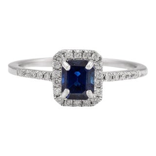 Octagon Cut Blue Sapphire and Halo Diamond Statement Ring Size 7 (All Sizes Available) For Sale