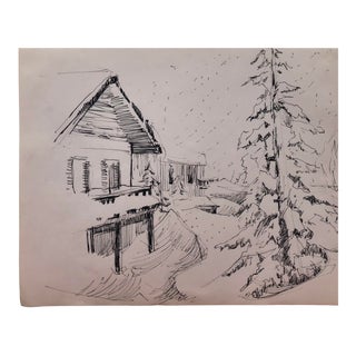1950s Ski Lodge Winter Ink Drawing For Sale