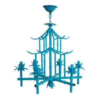 1960s Hollywood Regency Palm Beach Pagoda Faux Bamboo Tole Turquoise Chandelier For Sale