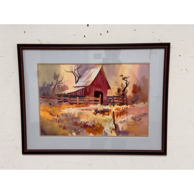 Design Plus Gallery presents Red Barn, a Framed Watercolor by Naomi Brotherton (1920–2024) from 1992. This watercolor...