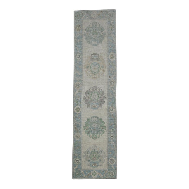 Turkish Oushak Runner Rug Green Blue & Taupe Handwoven Wool Rug 2'9" X 10'5" For Sale