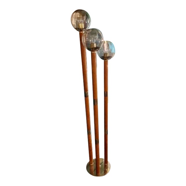 70s Mid-Century 3-Globe Oak & Brass Floor Lamp For Sale