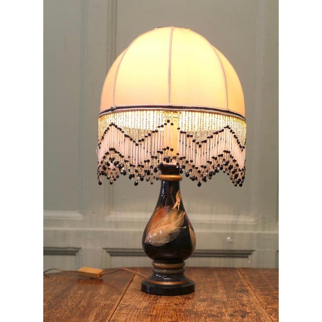 French Ceramic Table Lamp with Beaded Shade, 1960 For Sale - Image 3 of 9