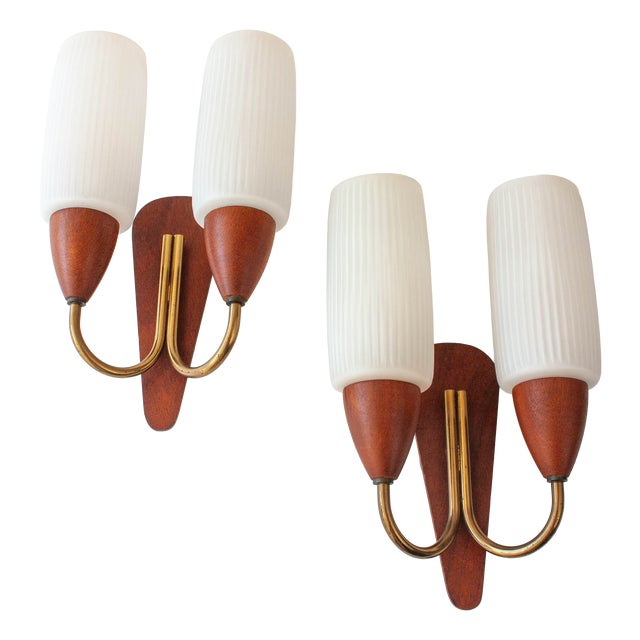 Danish Teak Wood Wall Lamps with White Opaline Glass Shade, 1950s, Set of 2 For Sale