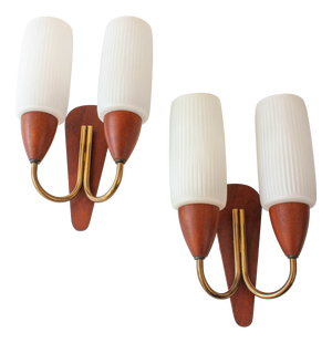 Danish Teak Wood Wall Lamps with White Opaline Glass Shade, 1950s, Set of 2