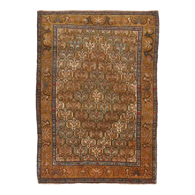 Antique Jerusalem Beige-Brown and Blue Wool Geometric-Floral Rug For Sale