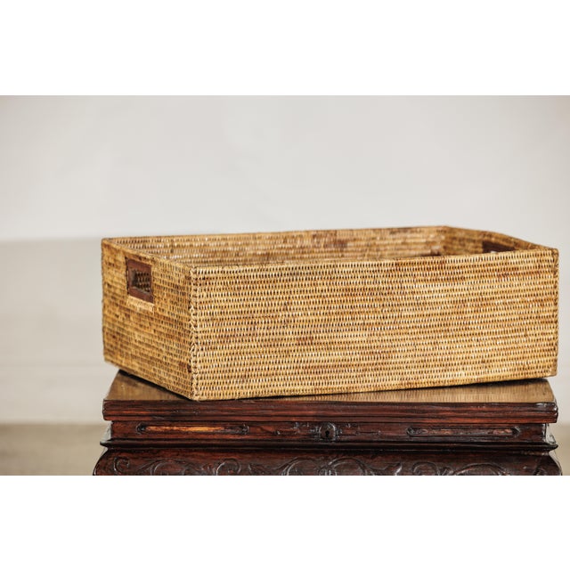 Vintage Rectangular Handwoven Rattan Basket with Wooden Side Handles For Sale - Image 4 of 18