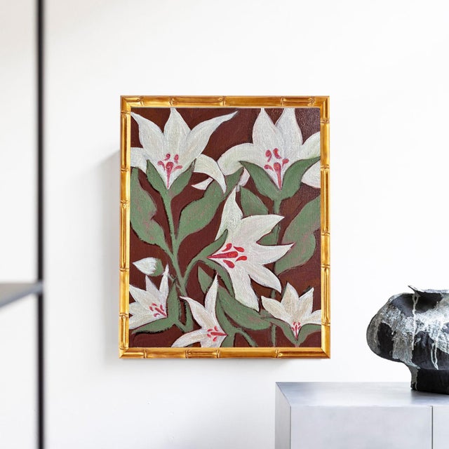Traditional Original Framed Acrylic Lily Painting in Gold Bamboo Frame, Botanical Floral Wall Art, 13" X 16" For Sale - Image 3 of 4