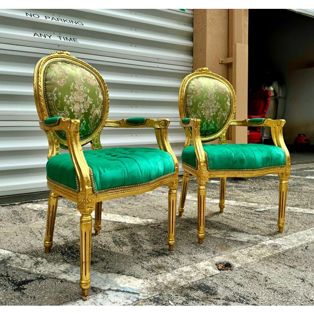 French Style Green Velvet Chairs With Gold Details- Set of 2 For Sale - Image 10 of 10