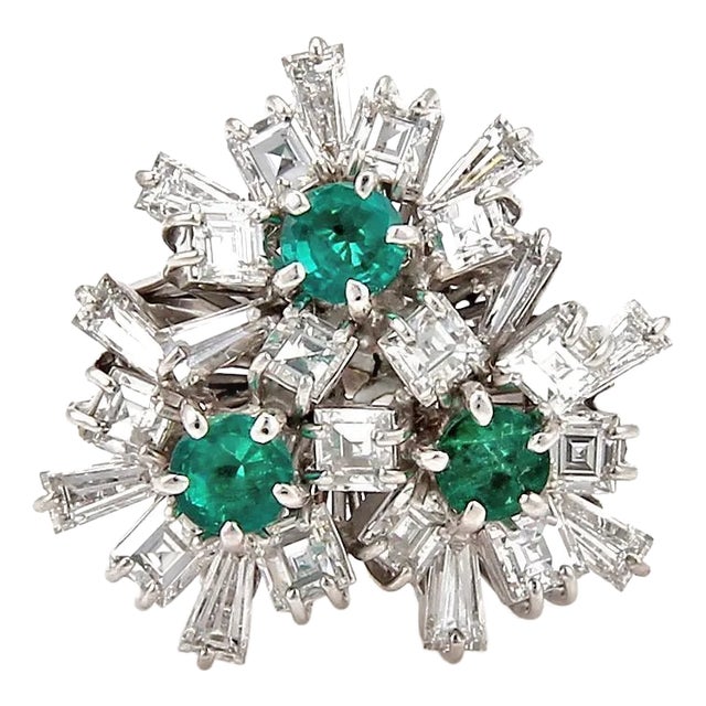Diamond & Emerald 18k White Gold Estate Triple Floral Ring For Sale