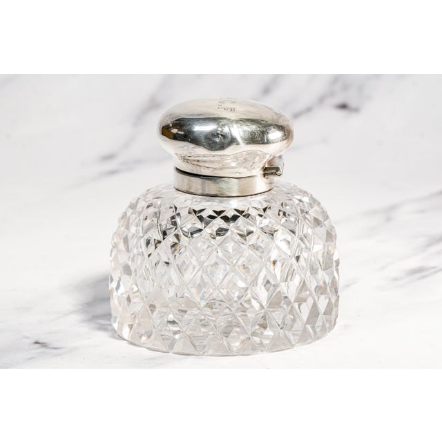 Nice Large Mappin & Webb Antique Sterling Silver Cut Crystal Hobnail Inkwell English Edwardian Desk Home Decor For Sale - Image 14 of 16