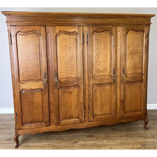 Vintage French Louis XVI Style Carved Oak 4-Door Wardrobe For Sale - Image 4 of 12