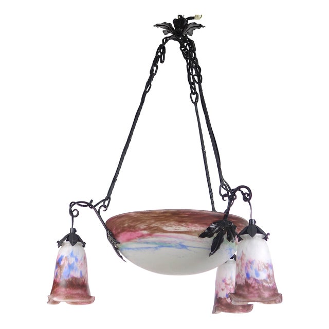 Antique Art Nouveau 4-Light Chandelier from Müller Freres Luneville, 1930s For Sale