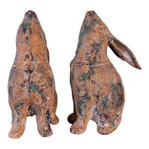 Pair of Weathered Cast Iron Rabbit Garden Sculptures With Verdigris Patina