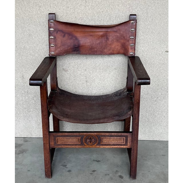 Pair of 19th Century Spanish Colonial Style Carved Armchairs with Leather For Sale - Image 17 of 18