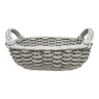 French Shabby Chic Woven Wicker White Glazed Earthenware Basket For Sale