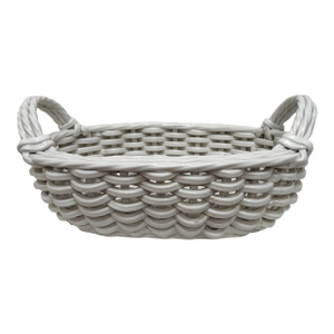 Vintage French Wicker White Glazed Earthenware Woven Basket