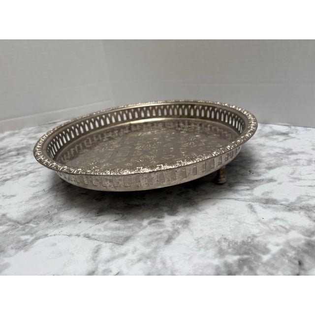 Metal Vintage Etched Moroccan Silver Tea Tray, Accent Tray For Sale - Image 7 of 12