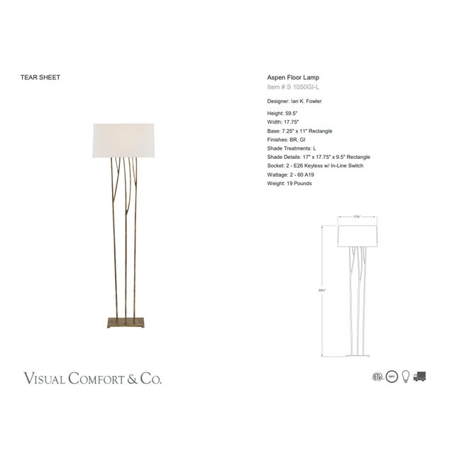 Ian K. Fowler by Visual Comfort Signature Aspen Floor Lamp in Gilded Iron with Linen Shade Designer: Ian K. Fowler Height:...
