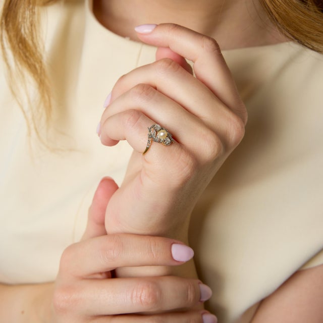 19th Century 19th Century Victorian Pearl Old European Cut Diamond 18k Yellow Gold Ring, Size 4.5 For Sale - Image 5 of 7