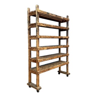 Wooden Workshop Rack with Cast Iron Wheels For Sale