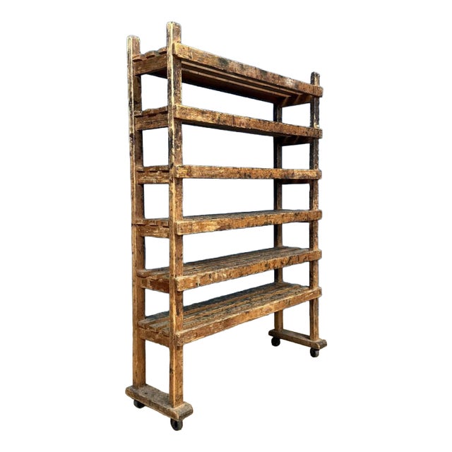 Wooden Workshop Rack with Cast Iron Wheels For Sale