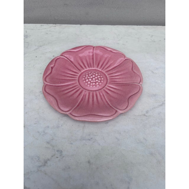 Small French Mid-Century Majolica Pink Flower Plate Charolles. 7 inches diameter.