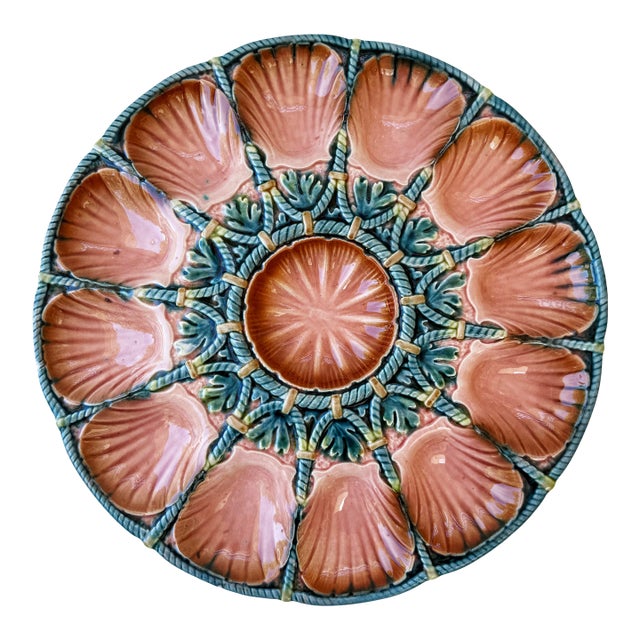 Large French Majolica Oyster Platter by Sarreguemines, Circa 1920 For Sale