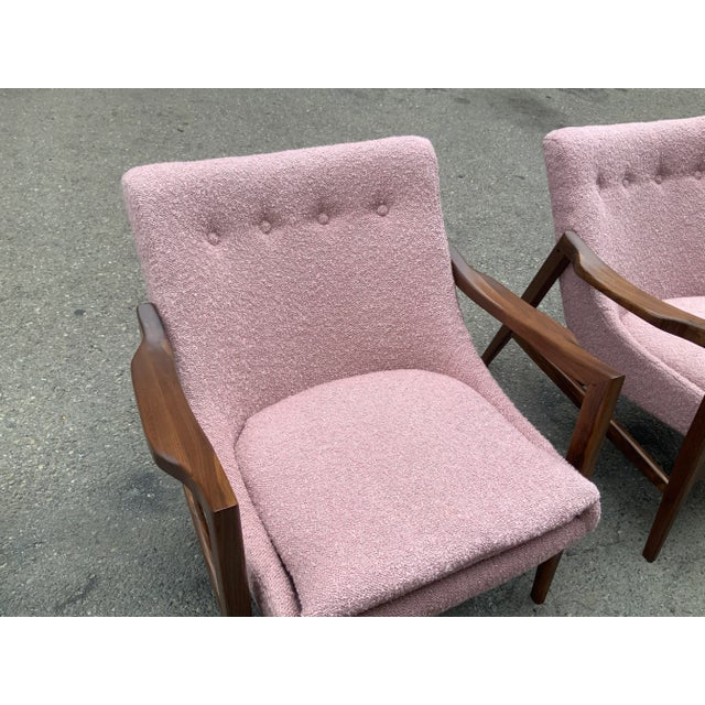 Mid-Century Modern Style Lounge Chairs - Solid Walnut Frames with Pink Boucle For Sale - Image 4 of 13