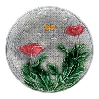 French Majolica Poppies & Butterfly Plate Gien, Circa 1880 For Sale