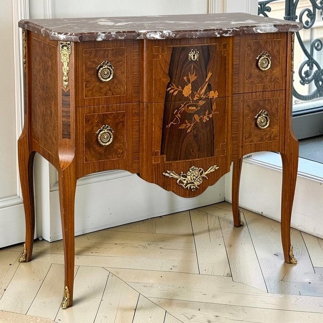 Antique French Louis XVI Marquetry Rouge Marble Top Commode For Sale - Image 4 of 18