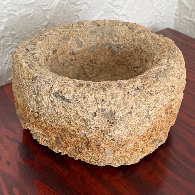 Contemporary Vintage Rustic Carved Stone Bowl Planter For Sale - Image 3 of 5