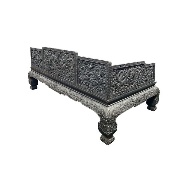 Oriental Dragon Relief Motif Solid Dense Tan Wood Luohan Daybed For Sale - Image 4 of 16