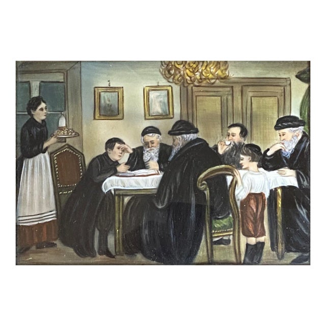 A finely painted interior scene of a young man possibly studying for his upcoming Bar Mitzvah. he is seated at the table...