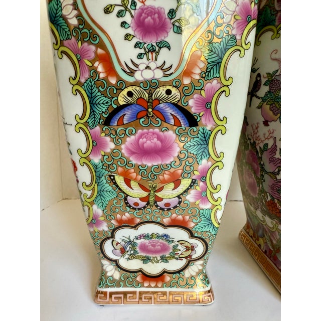 Pair of Chinese Porcelain Hand-Painted Famille Rose Vases With Plum Fruit Handles For Sale - Image 11 of 12