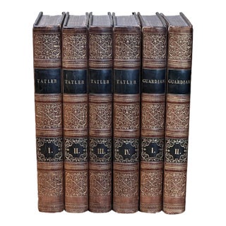 Stunning 1822 Antique Leather Bound Book Set the Tatler & the Guardian Ornate Gold Gilt Spines Georgian English Literature Home Decor For Sale