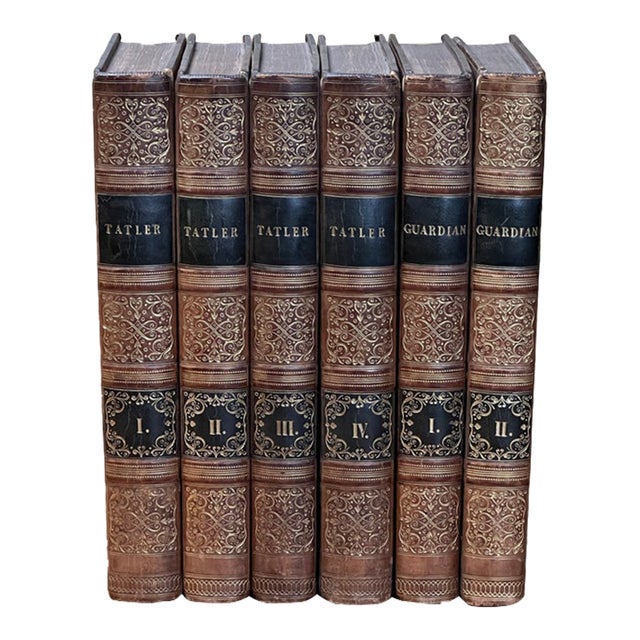 Stunning 1822 Antique Leather Bound Book Set the Tatler & the Guardian Ornate Gold Gilt Spines Georgian English Literature Home Decor For Sale