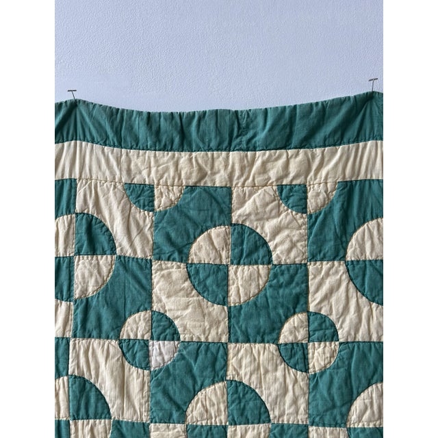 Vintage Teal + Soft Yellow Cotton Drunkard's Path Circle Quilt, Circa 1930s-40s For Sale - Image 10 of 18