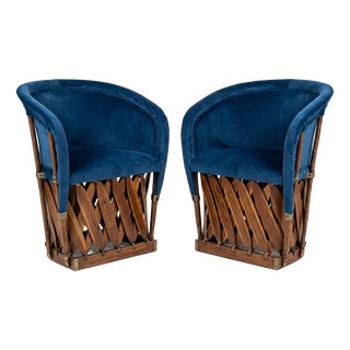 Mexican Equipal Style Chairs in Navy Blue Velvet by Wim Rietveld, Set of 2 For Sale