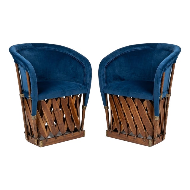 Mexican Equipal Style Chairs in Navy Blue Velvet by Wim Rietveld, Set of 2 For Sale
