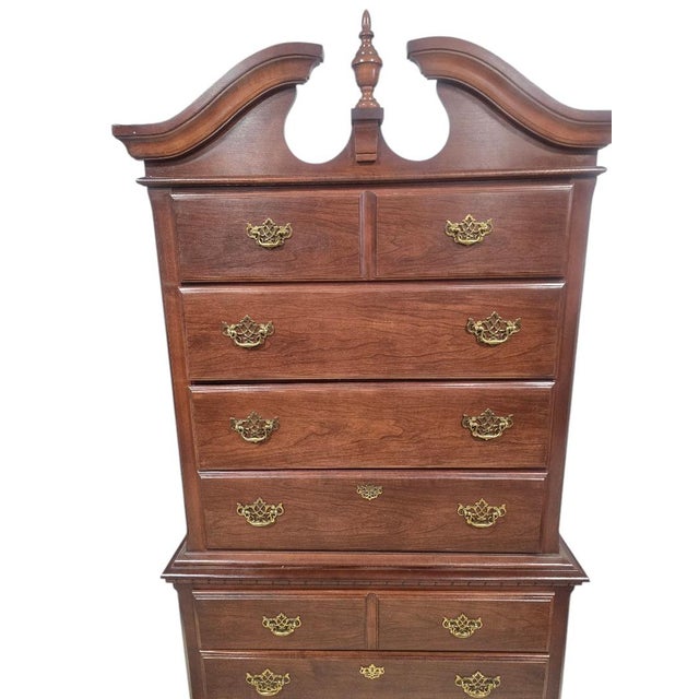 Late 20th Century Broyhill Queen Anne Cherry Highboy Chest on Chest Dresser With Bonnet Top For Sale - Image 6 of 7